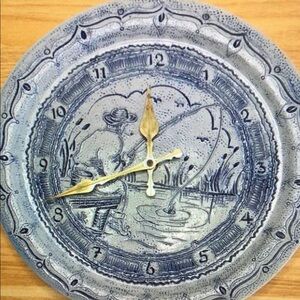 Rare Vtg Gebruder Plein Analog Stoneware Plate Clock Fisherman Scene Blue Gray